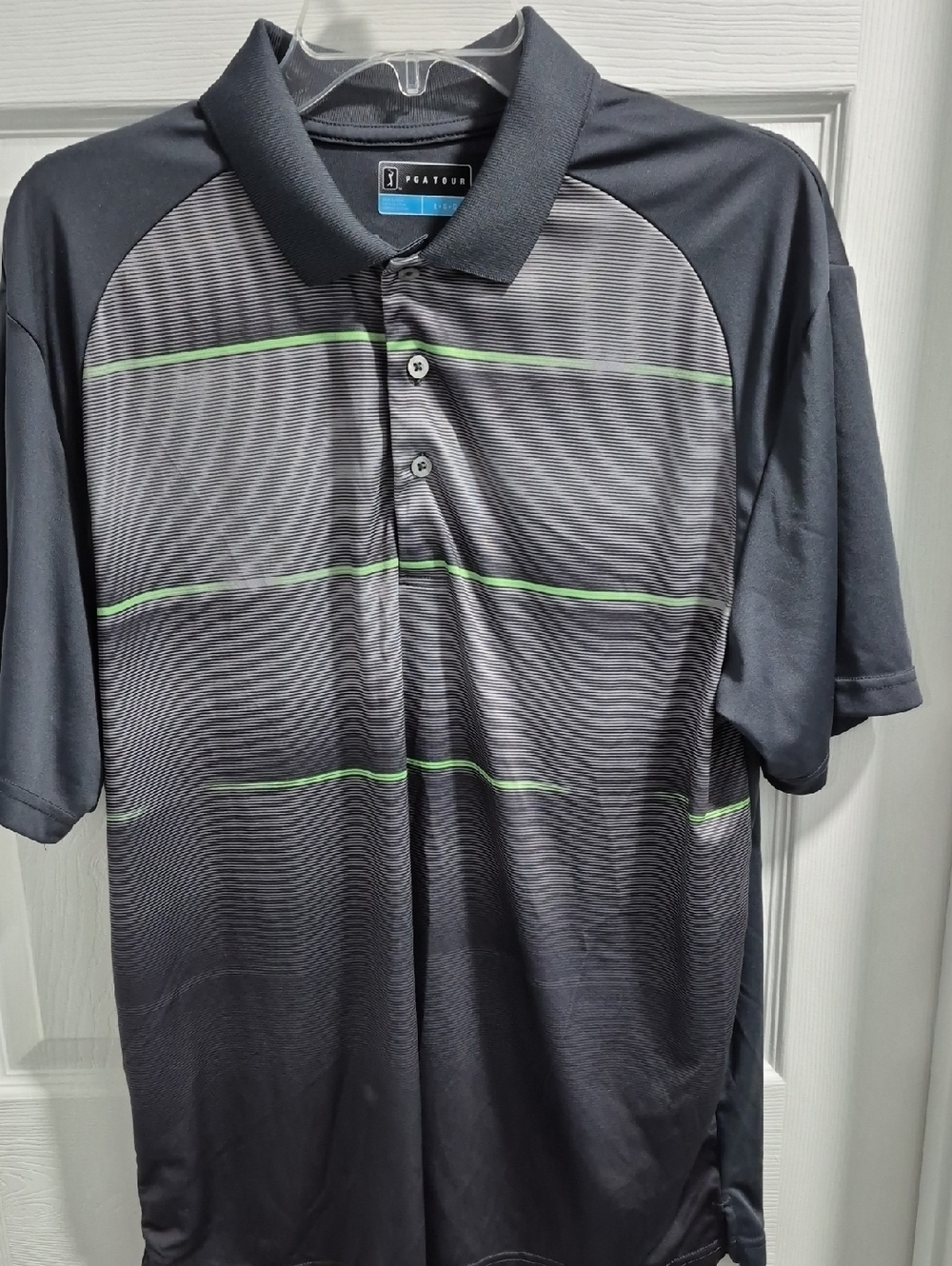 PGA Tour Black Polo with Green Stripe Accents